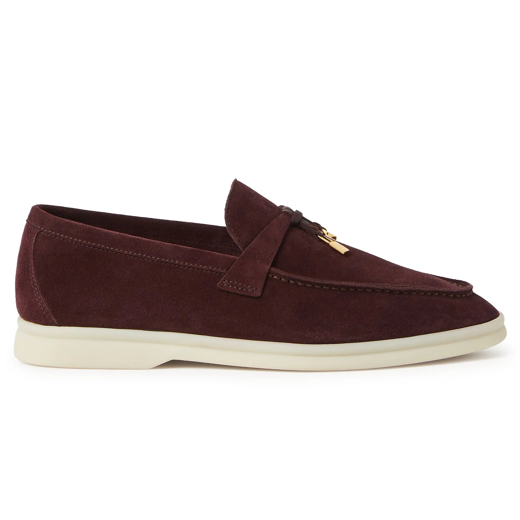 Side View of Loro Piana Summer Charms Suede Dark Roast Loafers FAE5444_H1NF